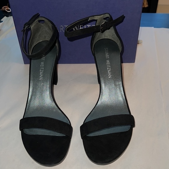 Stuart Weitzman NearlyNude Black suede ankle strap block heel sandals Sz 10.5 - Picture 9 of 16
